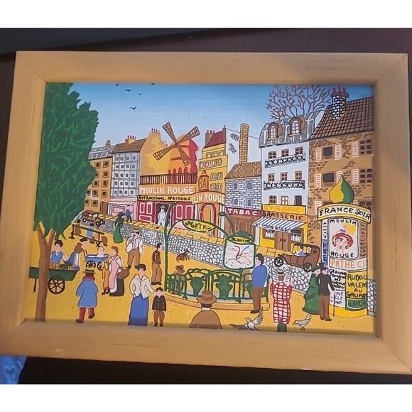 Vintage '94 Paris Street Artwork Moulin Rouge Picture Home Decor Framed Signed - Picture 1 of 16